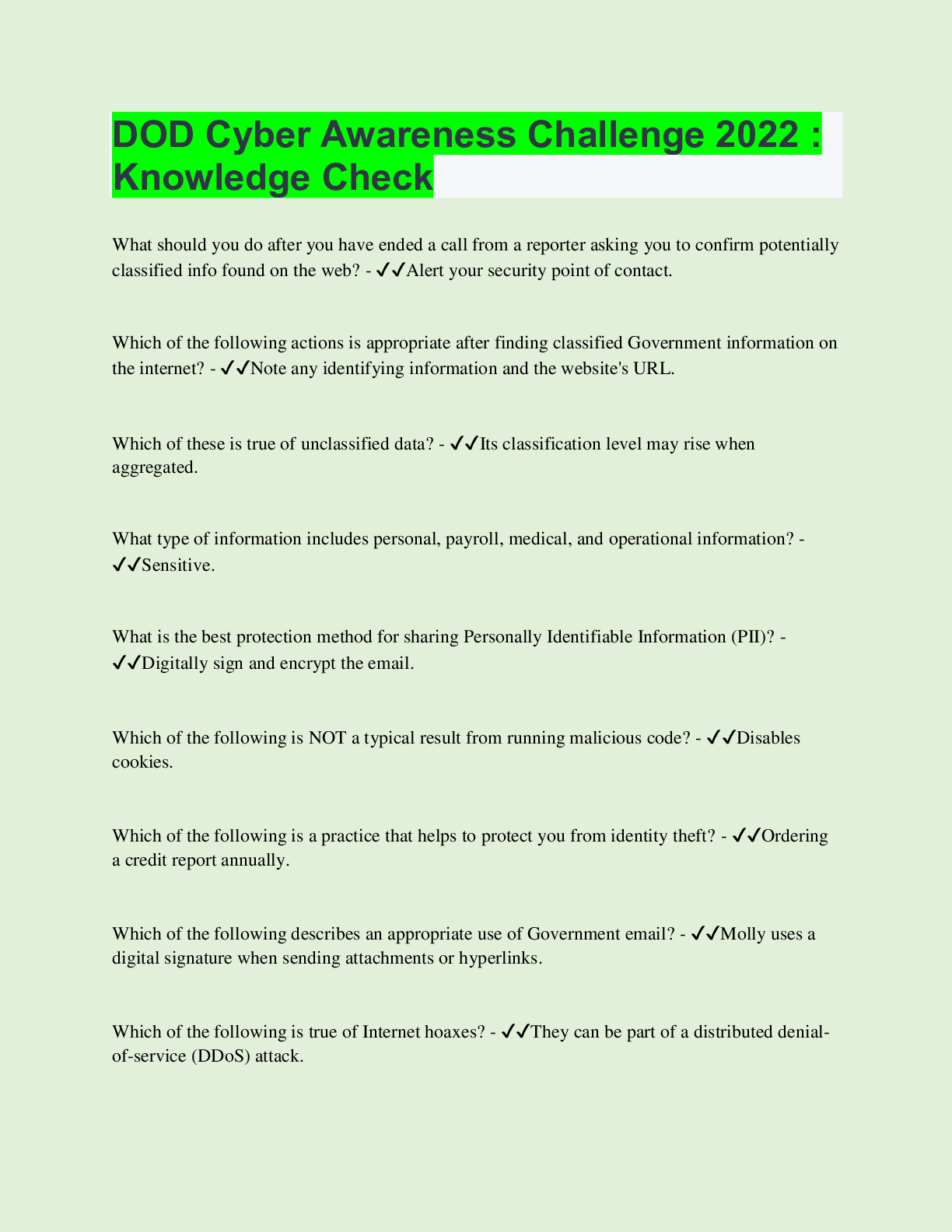 Preview of DOD Cyber Awareness Challenge 2022 : Knowledge Check | with 100% Correct Answers | Updated